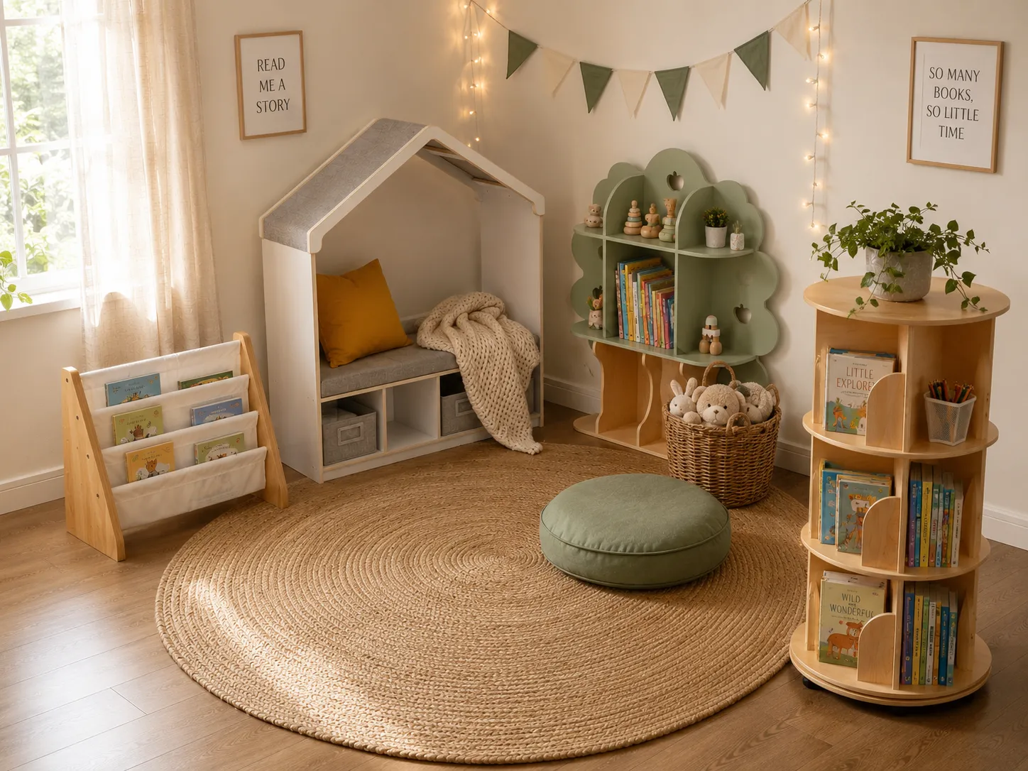 A cosy children's reading nook with a white house-shaped reading bench tucked beneath fairy lights and bunting, a sage green tree-shaped bookshelf filled with picture books, a three-tier spinning book carousel on the right, a low front-facing book display rack on the left, a round jute rug on wooden floors, a sage pouffe in the centre, a wicker basket of stuffed animals, and framed prints reading "Read Me a Story" and "So Many Books, So Little Time".