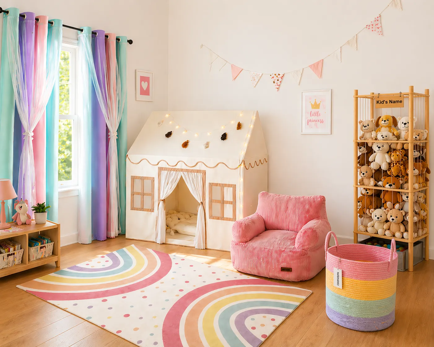 A sunny kids' playroom with sheer pastel rainbow curtains at the window, a cream cottage-style play tent strung with fairy lights, a plush pink armchair on a rainbow-arch rug, a tall wooden shelf filled with teddy bears, and a rainbow-striped rope hamper in the foreground.