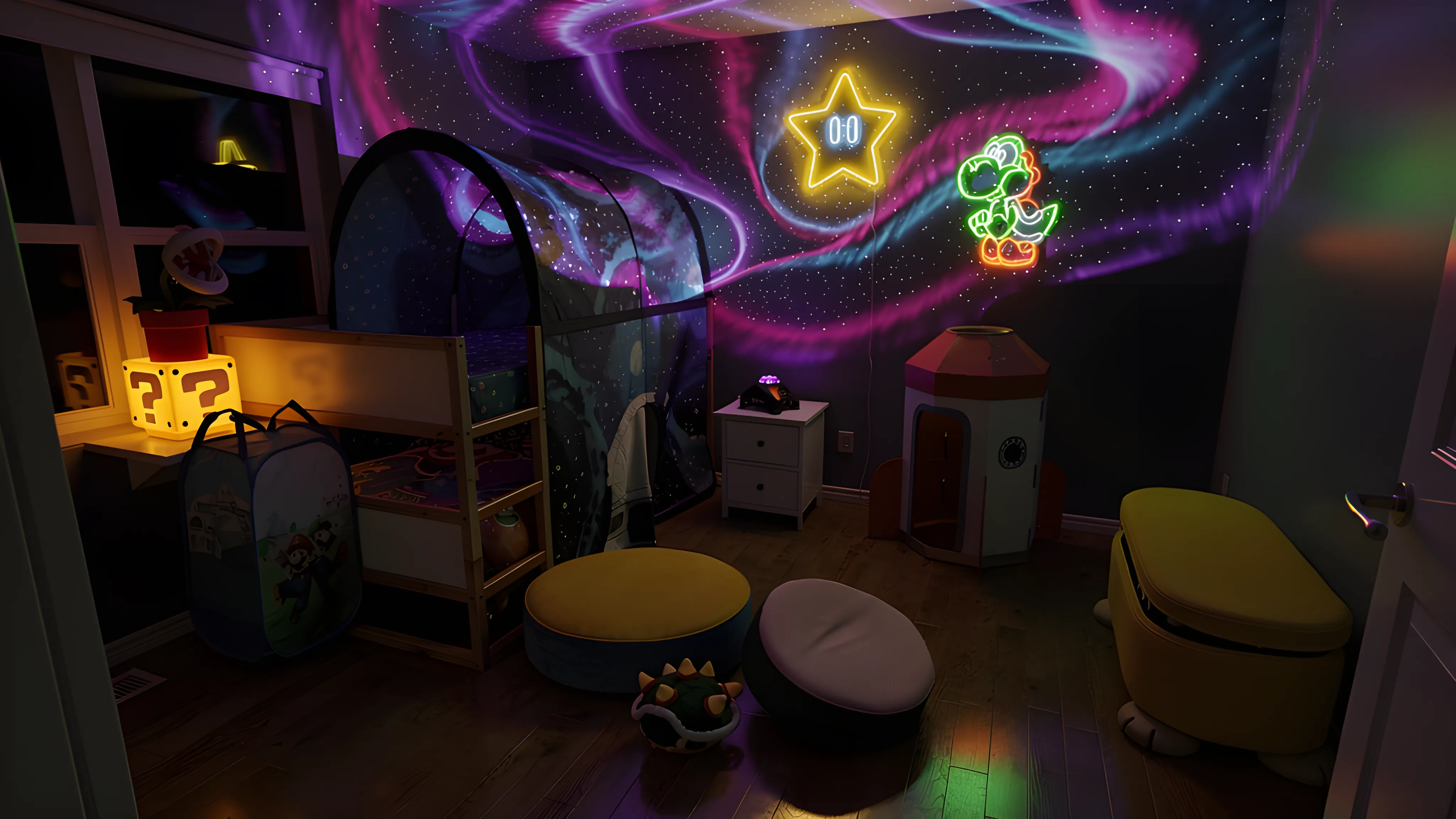 The Super Mario Galaxy bedroom at night with aurora projection on the ceiling, glowing neon Star and Piranha Plant signs, and a lit Question Block lamp.